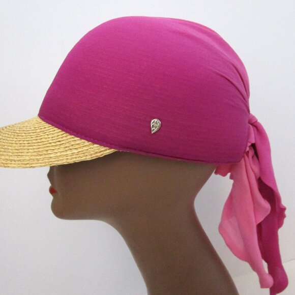 Natural Raffia Straw Visor Brim Cap Baseball Pink Silk Scarf - Picture 1 of 10